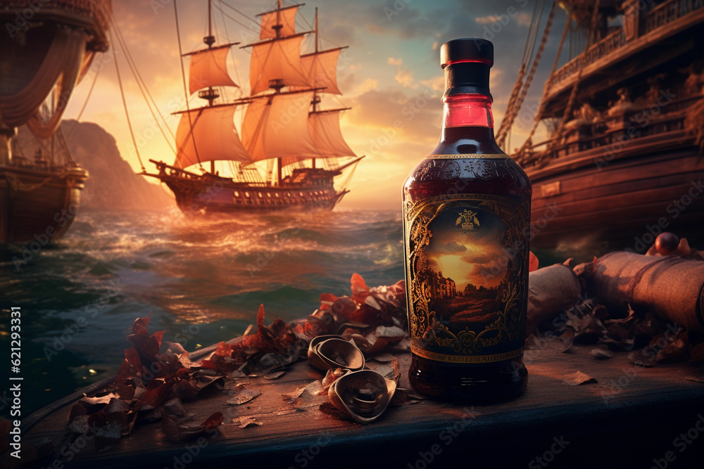 Naklejka premium bottle of rum or whiskey on a beach with a pirate ship on the background