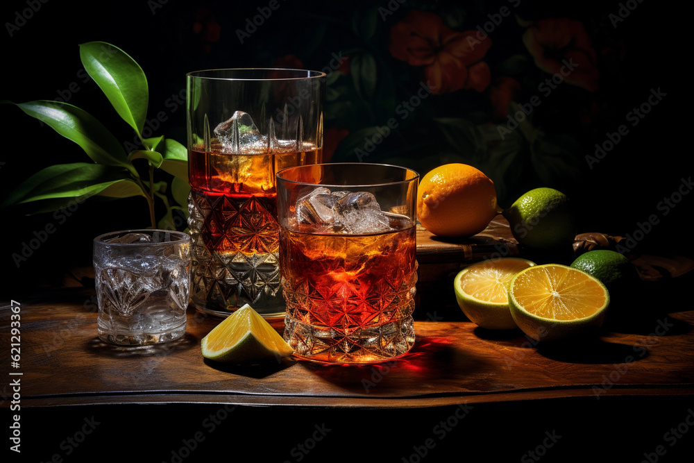 glass of rum or whiskey over table with lemons glass of rum or whiskey over table with lemons