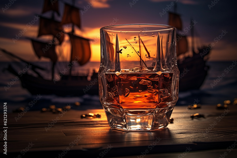 glass of rum or whiskey over table with lemons - obrazy, fototapety, plakaty 