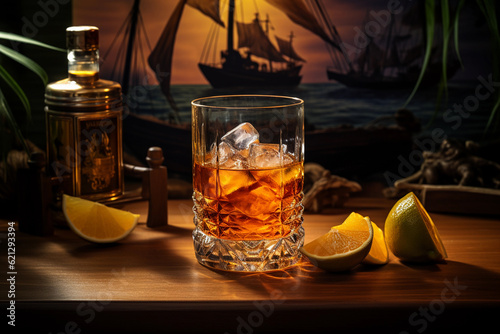 glass of rum or whiskey over table with lemons