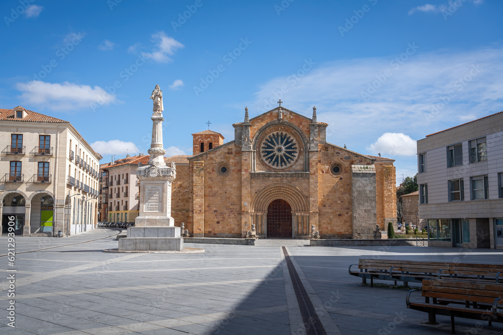 San Pedro Church at Plaza del Mercado Grande Square with Palomilla Monument - Avila, Spain
