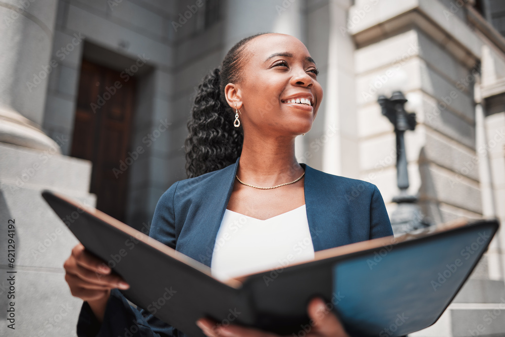 Fototapeta premium Book, black woman or lawyer thinking of education, legislation or constitution research by law firm. Reading, studying or happy attorney with knowledge, ideas or vision for legal agency by court