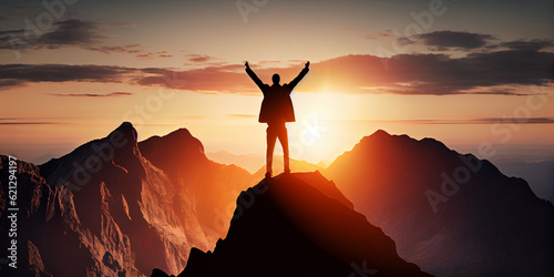 The concept of life success. Silhouette of a man with his arms raised in victory on the top of a mountain in the bright rays of the rising sun. Generative AI © Tatiana