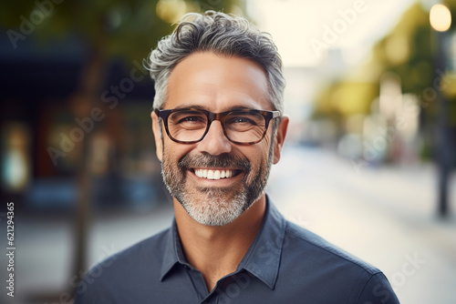 Portrait of happy mature man wearing spectacles and looking at camera outdoor. Man with beard and glasses feeling confident. Close up face of hispanic business man smiling, generative AI