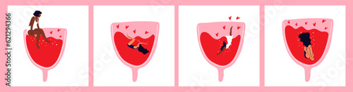 Set of Trendy Women swim in menstrual cup. Girl having menstrual period, menstruation, premenstrual syndrome, PMS, female reproductive system