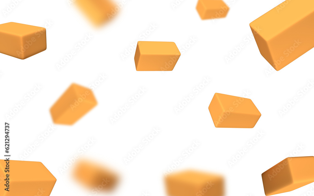 Parmesan cheese flying in different directions with crumbs on a white background with space for text. 3d illustrations