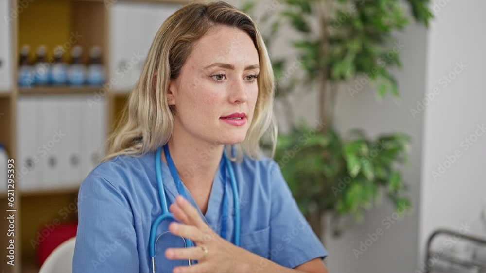 Young blonde woman doctor having medical consultation speaking at clinic Young blonde woman doctor having medical consultation speaking at clinic