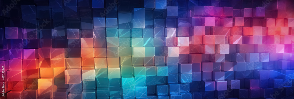 Abstract 3D background with pattern in colors and geometric shapes cubes with copy space. Soft neon light on multicolored figures. Generative AI Abstract 3D background with pattern in colors and geometric shapes cubes with copy space. Soft neon light on multicolored figures. Generative AI
