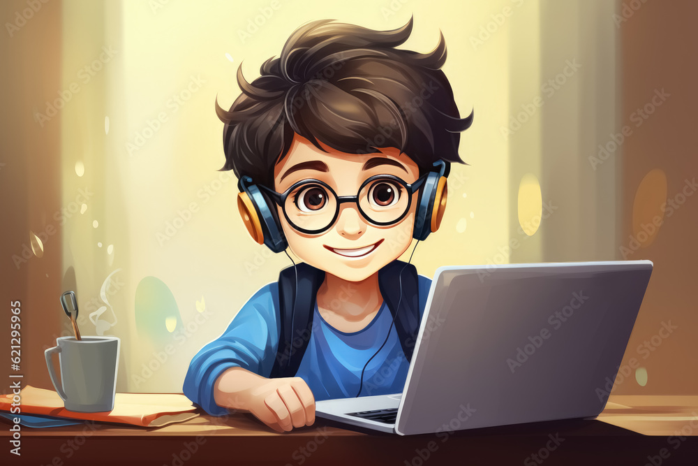 Distance online education for children and teenagers. Handsome curly schoolboy of 7-9 years old in glasses with smile on his face sits at table with laptop and looks at the camera. Generative AI Distance online education for children and teenagers. Handsome curly schoolboy of 7-9 years old in glasses with smile on his face sits at table with laptop and looks at the camera. Generative AI