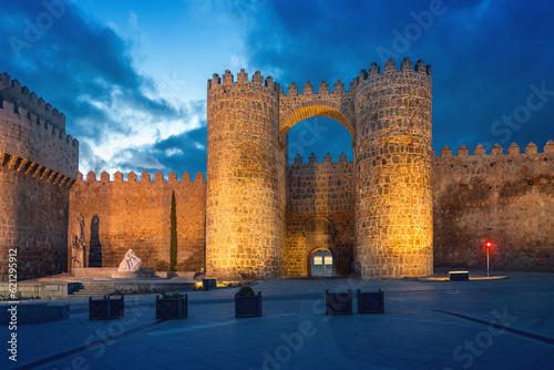 Puerta del Alcazar Gate of Medieval Walls of Avila at night - Avila, Spain
