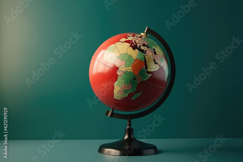 Globe on stand on green background with copy space for geography lesson at school. The concept of studying the knowledge of the world by pupil and students.. Generative AI