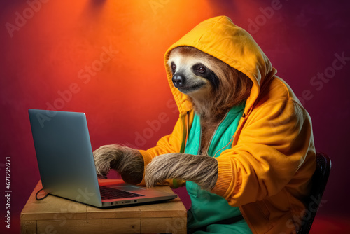 Portrait of fun happy sloth office worker in hipster clothes working at the table on laptop on red background. Generative AI