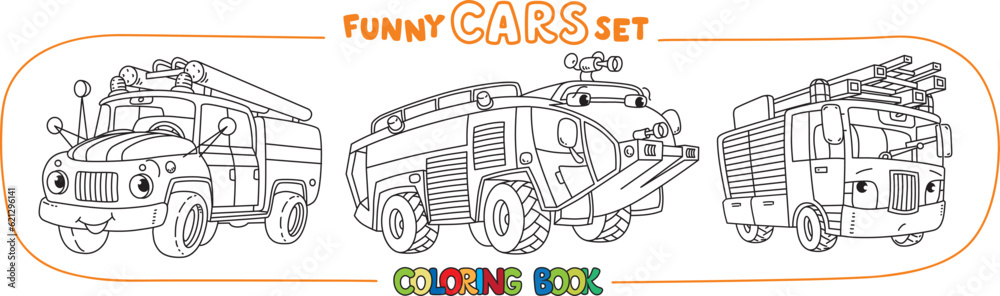 Funny small retro cars with eyes coloring book set