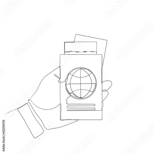 continuous line drawing passport and flight ticket document illustration