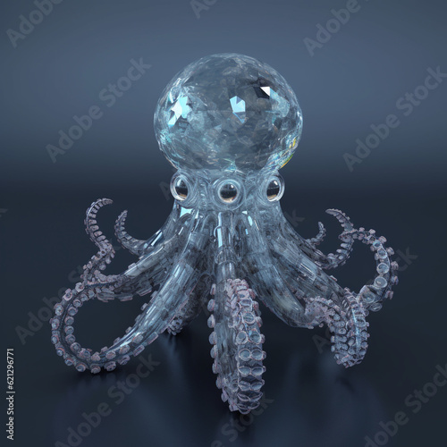 Fotografie, Obraz an alien octopus made of crystal 3d render Generative Ai