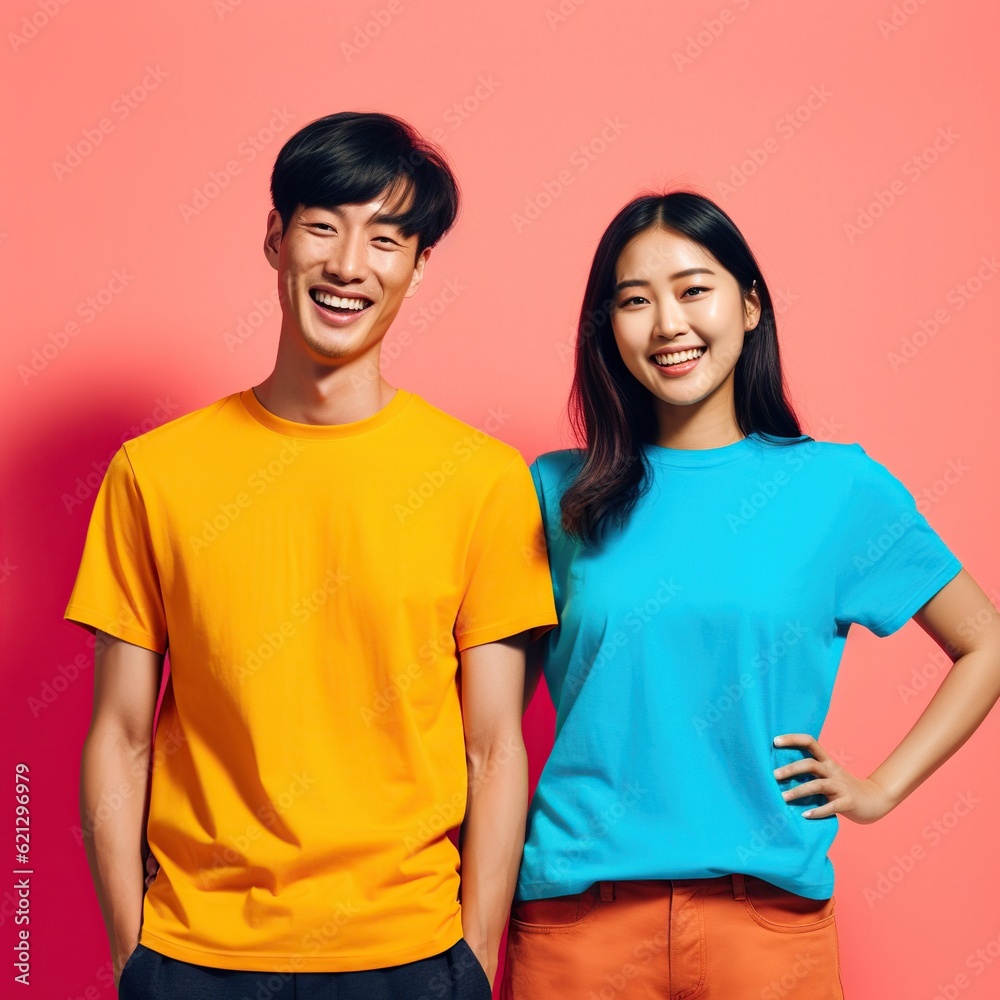 Fototapeta premium Illustration of a fashion portrait with plain t-shirt mockup, AI Generated
