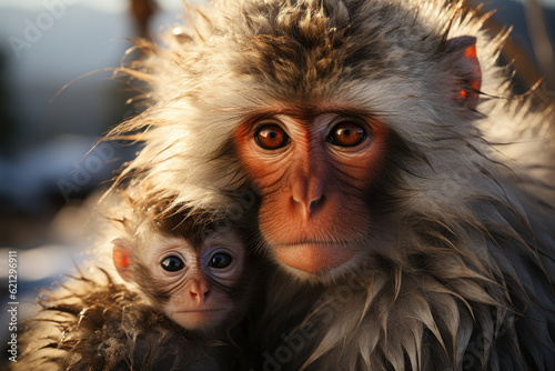 Beautiful shot of a monkey hugging its baby, symbolizing love, care, and the bond between parent and child. Generative Ai.
