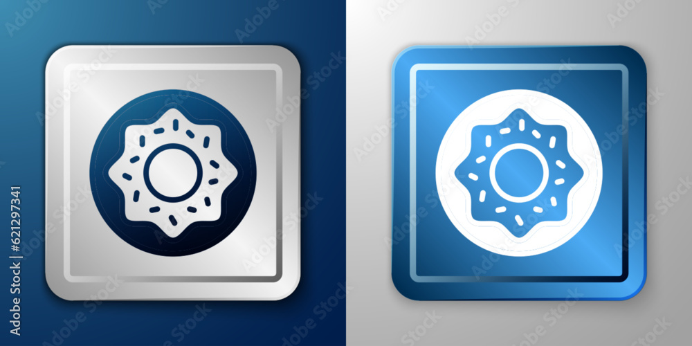 White Donut with sweet glaze icon isolated on blue and grey background. Silver and blue square button. Vector White Donut with sweet glaze icon isolated on blue and grey background. Silver and blue square button. Vector