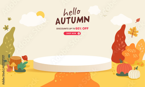 hello autumn podium sale banner illustration, vector, shopping, flash sale and big sale