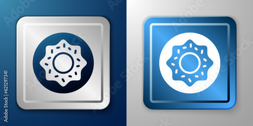 White Donut with sweet glaze icon isolated on blue and grey background. Silver and blue square button. Vector