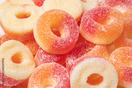 Gummy rings with sugar background. Close up