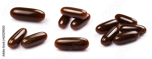 Lecithin gel pills capsule on white background. Soy lecithin benefits for skin, digestion, lower cholesterol. Collection