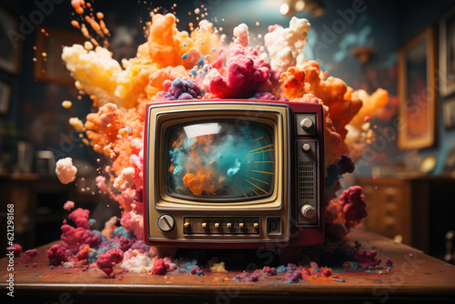 Retro TV set with a colorful stick bursting through. Represents the concept of propaganda and fake news in a minimalistic style. Generative Ai.
