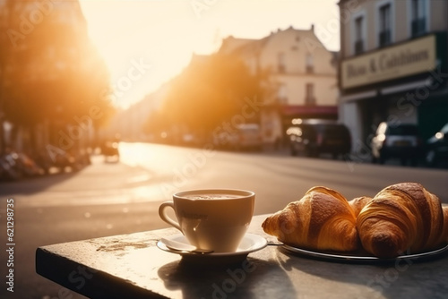 croissant food france table drink french breakfast bar paris cup. Generative AI.