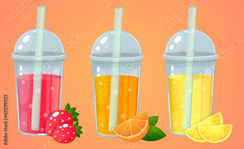 Fruit juice in a plastic cup with a straw. Lemonade, orange, strawberry, summer drinks. Juice to go with fresh fruits.Summer background for banner,poster.