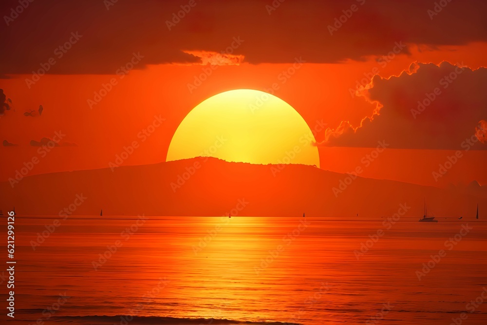 海に沈む真っ赤に染まる夕方の大きな夕日