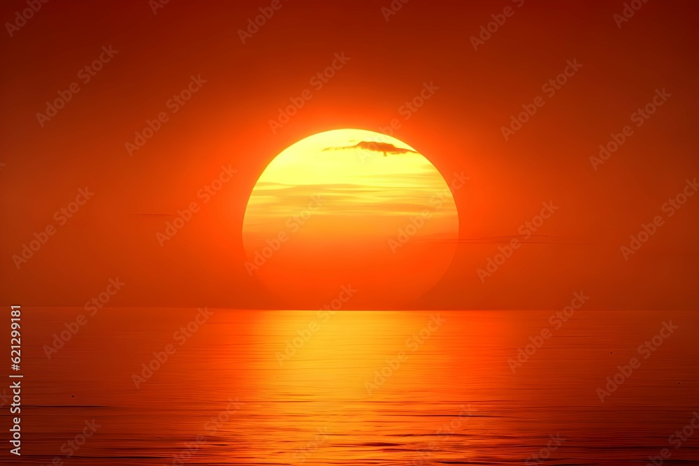 海に沈む真っ赤に染まる夕方の大きな夕日