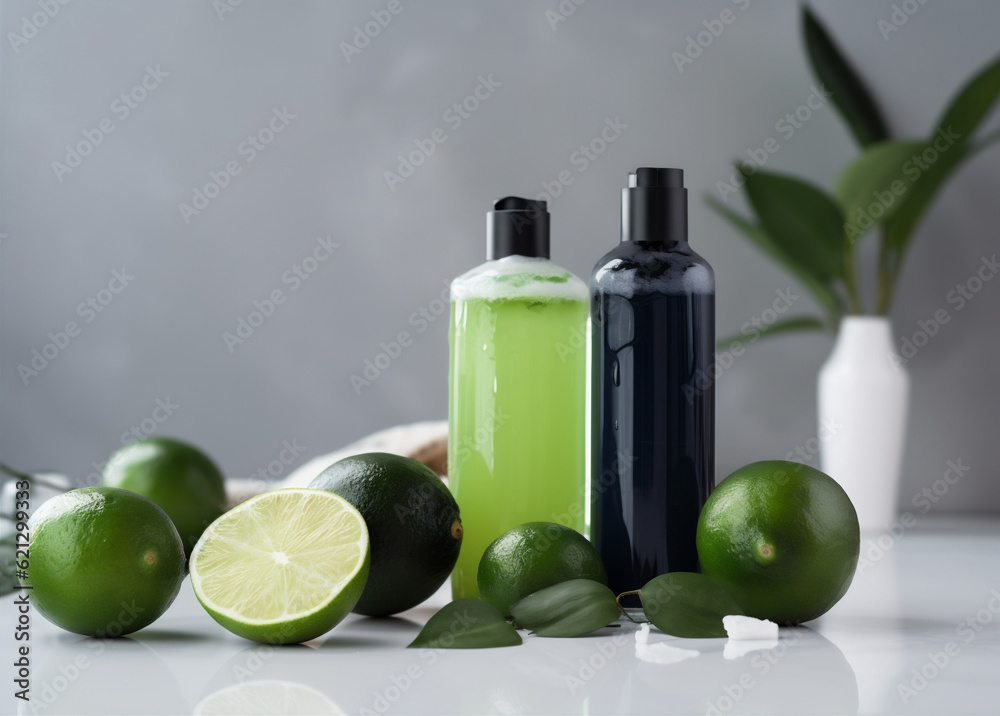 lemon oil spa natural skincare lime body organic bottle treatment. Generative AI. lemon oil spa natural skincare lime body organic bottle treatment. Generative AI.