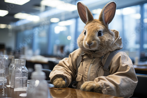 A rabbit seated on a table with a disposable underpad nearby  in the presence of a veterinarian at a hospital. Generative Ai.