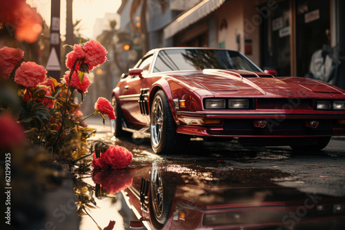 Embracing the 80s summer vibes with a car en route to the city. Generative Ai.