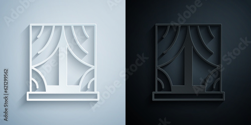 Paper cut Window with curtains in the room icon isolated on grey and black background. Paper art style. Vector
