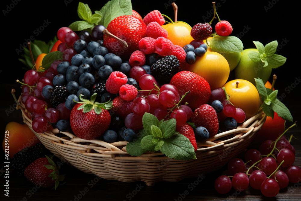 Close-up of a basket filled with colorful seasonal fruits, representing a concept of healthy food, lifestyle, dieting, weight loss, and overall body care. Generative Ai.