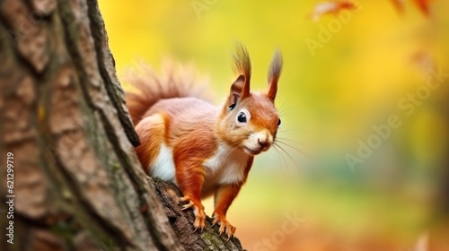 The Eurasian red squirrel (Sciurus vulgaris) in its natural habitat in the autumn forest.