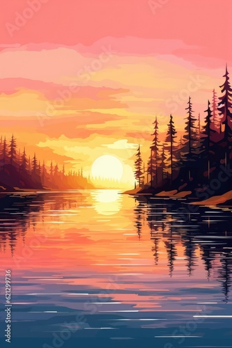 Wonderful sunset colors reflected in calm lake water. (Illustration, Generative AI)