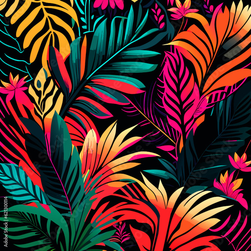 Seamless pattern with tropical leaves on black background. Vector illustration.