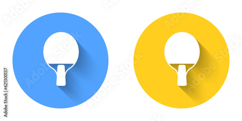 White Racket for playing table tennis icon isolated with long shadow background. Circle button. Vector