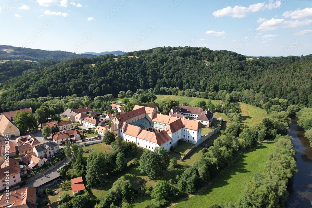 Zlata Koruna monastery and historical old town and abbey,scenic aerial panorama landscape view,Czech republic,Southern Bohemia,Europe