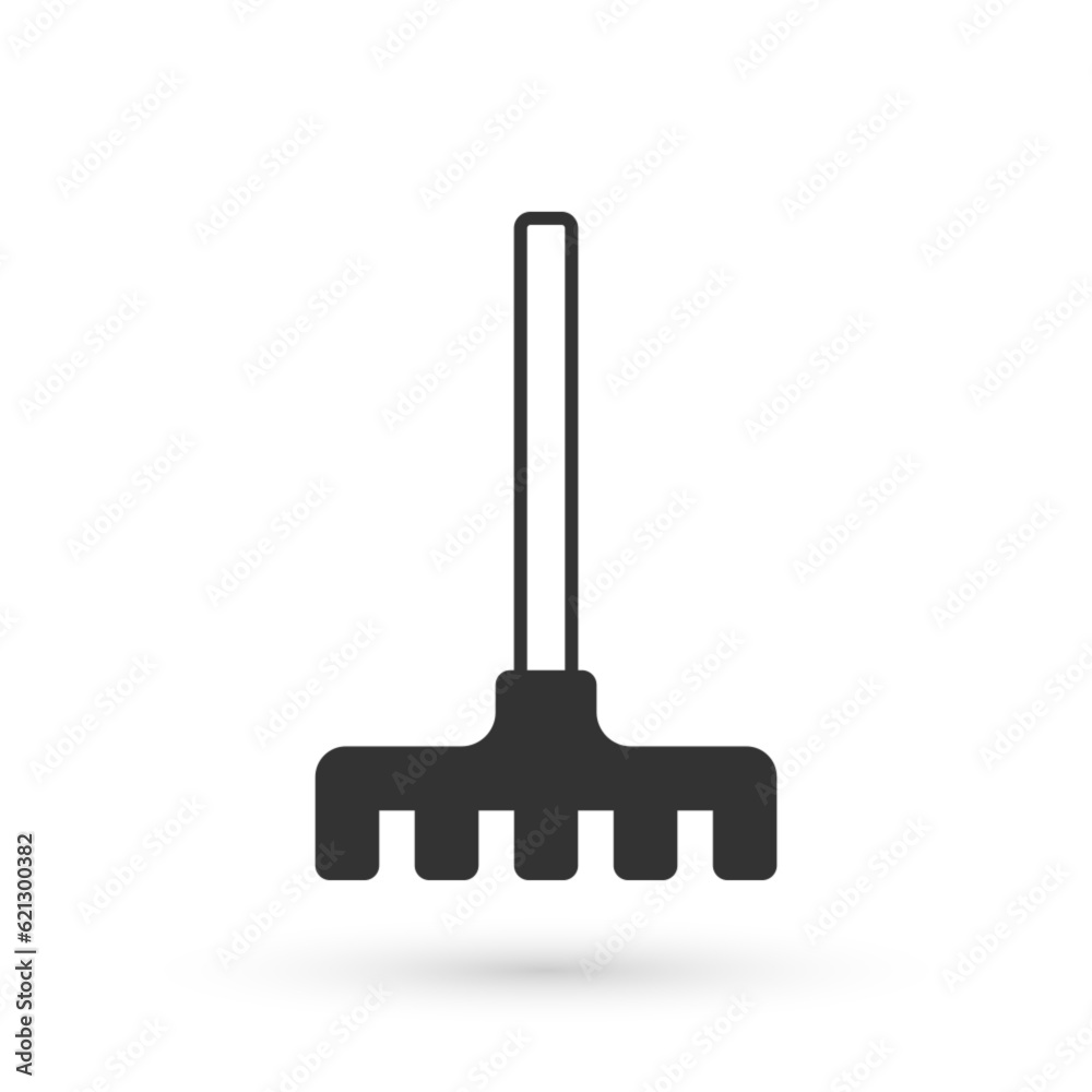 Grey Garden rake icon isolated on white background. Tool for horticulture, agriculture, farming. Ground cultivator. Housekeeping equipment. Vector Grey Garden rake icon isolated on white background. Tool for horticulture, agriculture, farming. Ground cultivator. Housekeeping equipment. Vector