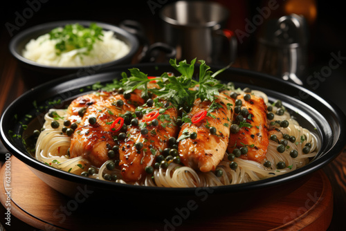 Chicken piccata with spaghetti and capers in sauce on a wooden background. Generative Ai.
