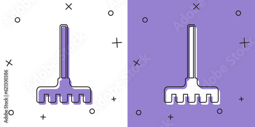 Set Garden rake icon isolated on white and purple background. Tool for horticulture, agriculture, farming. Ground cultivator. Housekeeping equipment. Vector