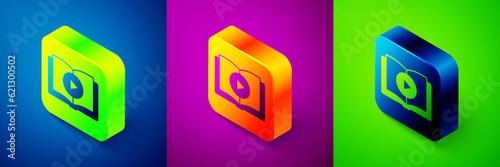 Isometric Audio book icon isolated on blue, purple and green background. Play button and book. Audio guide sign. Online learning concept. Square button. Vector