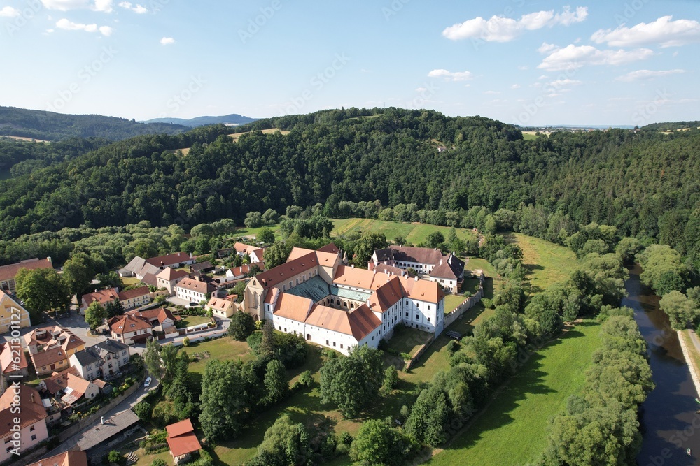 Zlata Koruna monastery and historical old town and abbey,scenic aerial panorama landscape view,Czech republic,Southern Bohemia,Europe