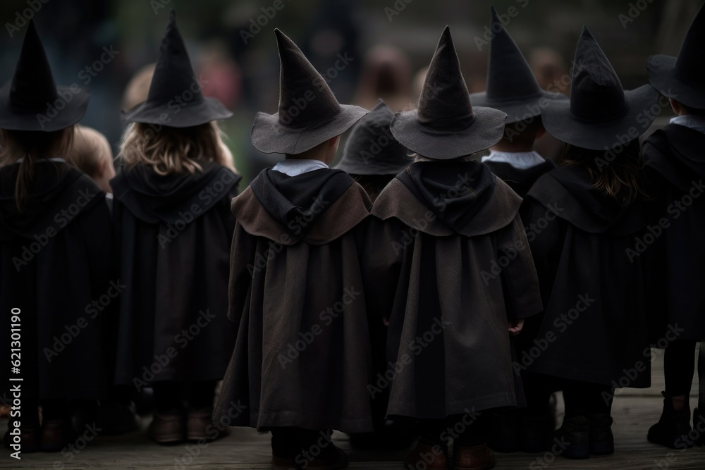 Group of Halloween children in witch costumes rear view. View from the back. Carnival. Trick or treat. Holiday