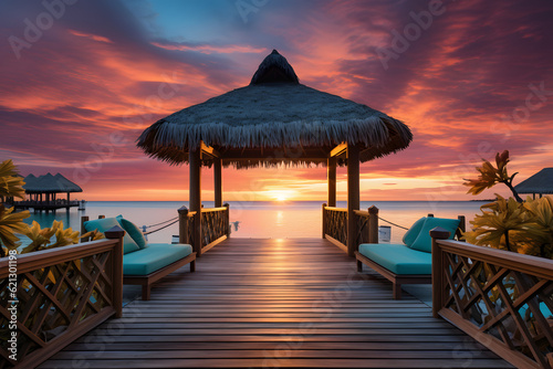 Canvas Print Scenic view of colorful pier sunset at the maldives island, stunning lighting imagery background