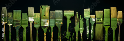 set of brushes, brushes with green paint, brush green, wall art design