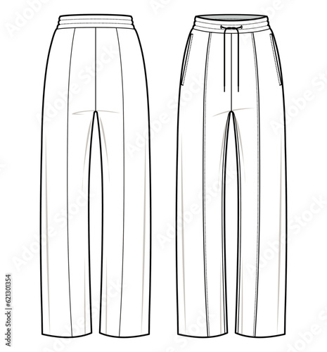 Sweat pants technical fashion illustration. Sweat pants vector template illustration. front and back view. Sportswear. unisex. white colour. CAD mockup.